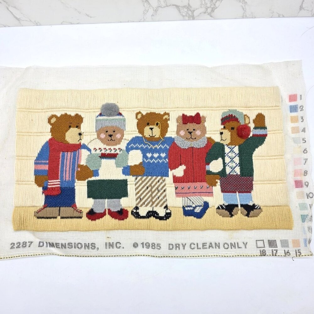 Vintage Dimensions Needlepoint BEAR HUGS Class of 45 Finished 1985 Kahn 9 x 18